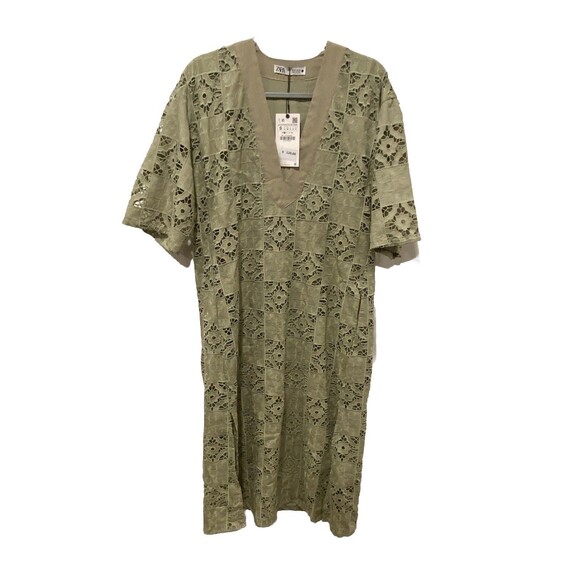 New Zara Women's Embroidered Lace Oversized Dress Kaftan Sage Green Small - Picture 3 of 8